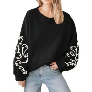 Oversize Sweatshirt Black White Lattice Sleeve Women M